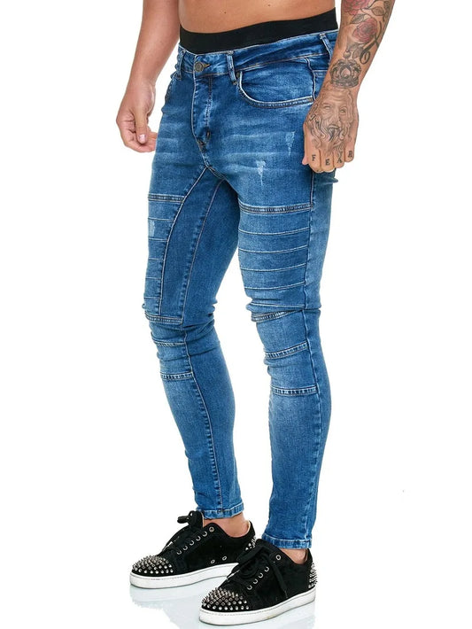 2021 Fashion Men Jeans Casual Patchwork Denim Slim Fit Trousers Solid Black and Blue Skinny Pencil Pants Plus Size Stretchy